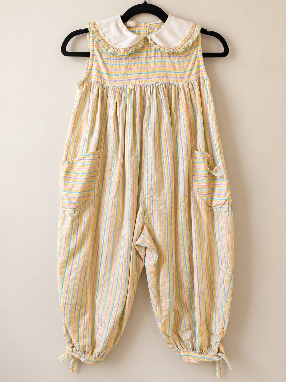 Vintage Girls Size 8 Pastel Stripe Peter Pan Collar Romper Jumpsuit Pockets
